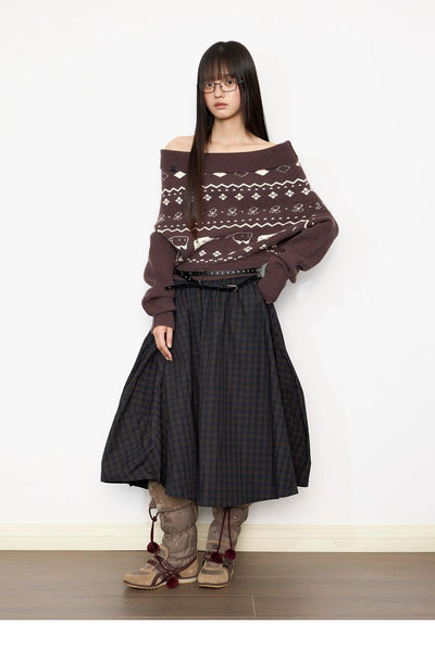 Tom Off Shoulder Patterned Sweater-korean-fashion-Sweater-Tom's Closet-OH Garments