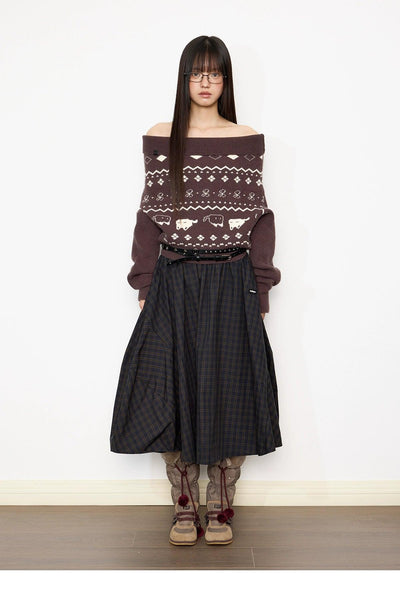 Tom Off Shoulder Patterned Sweater-korean-fashion-Sweater-Tom's Closet-OH Garments