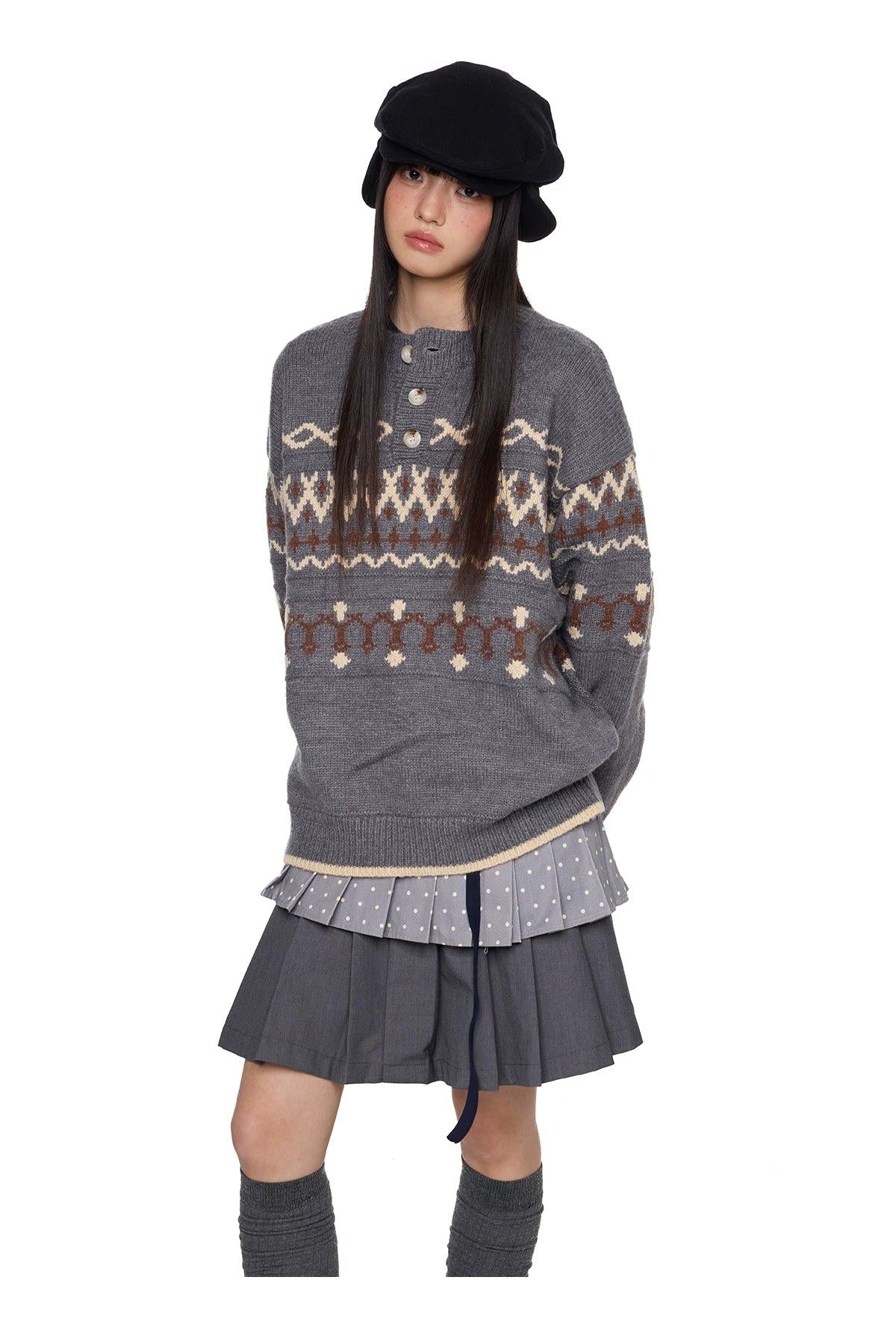 Tom Pattern Henley Collar Sweater-korean-fashion-Sweater-Tom's Closet-OH Garments