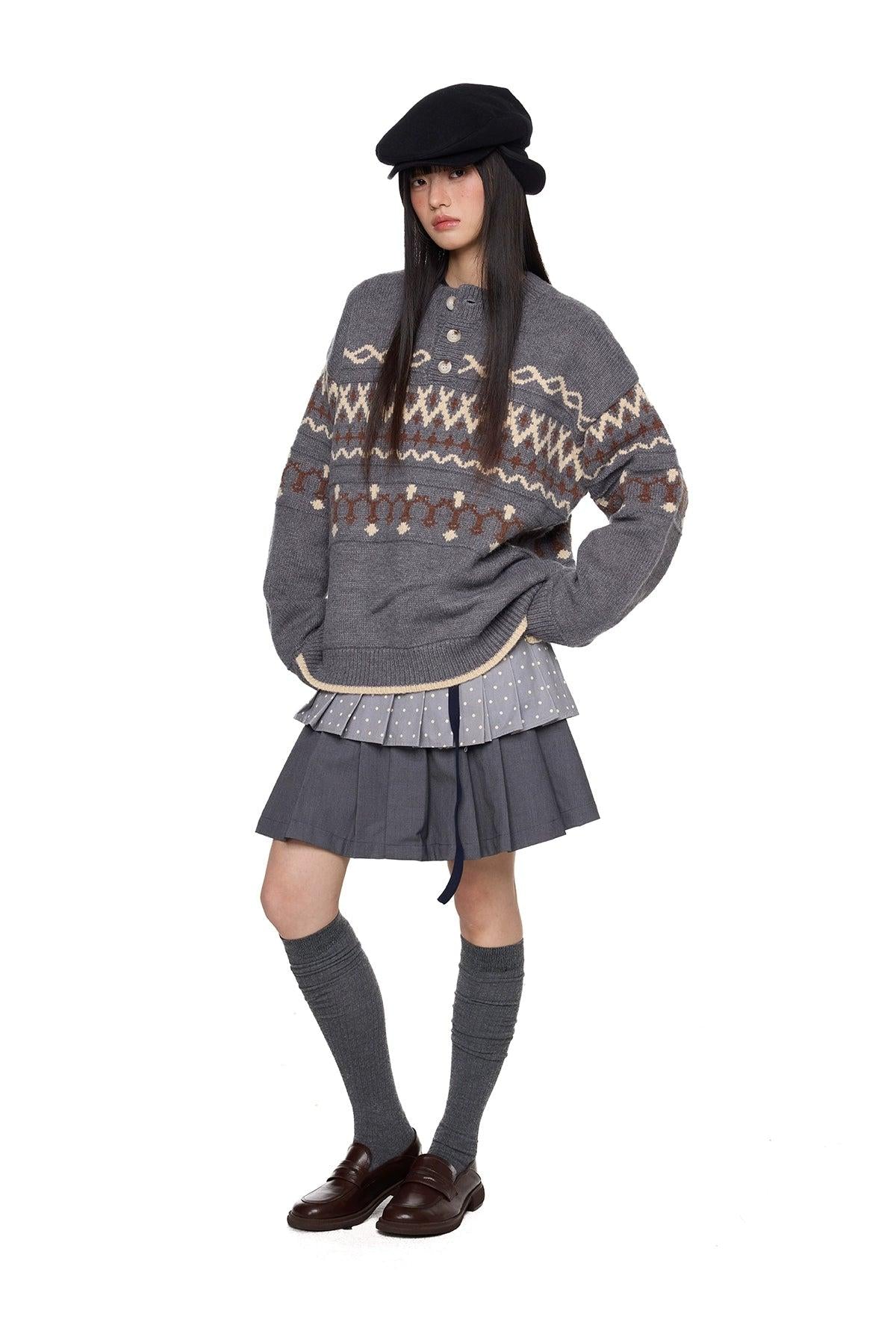 Tom Pattern Henley Collar Sweater-korean-fashion-Sweater-Tom's Closet-OH Garments