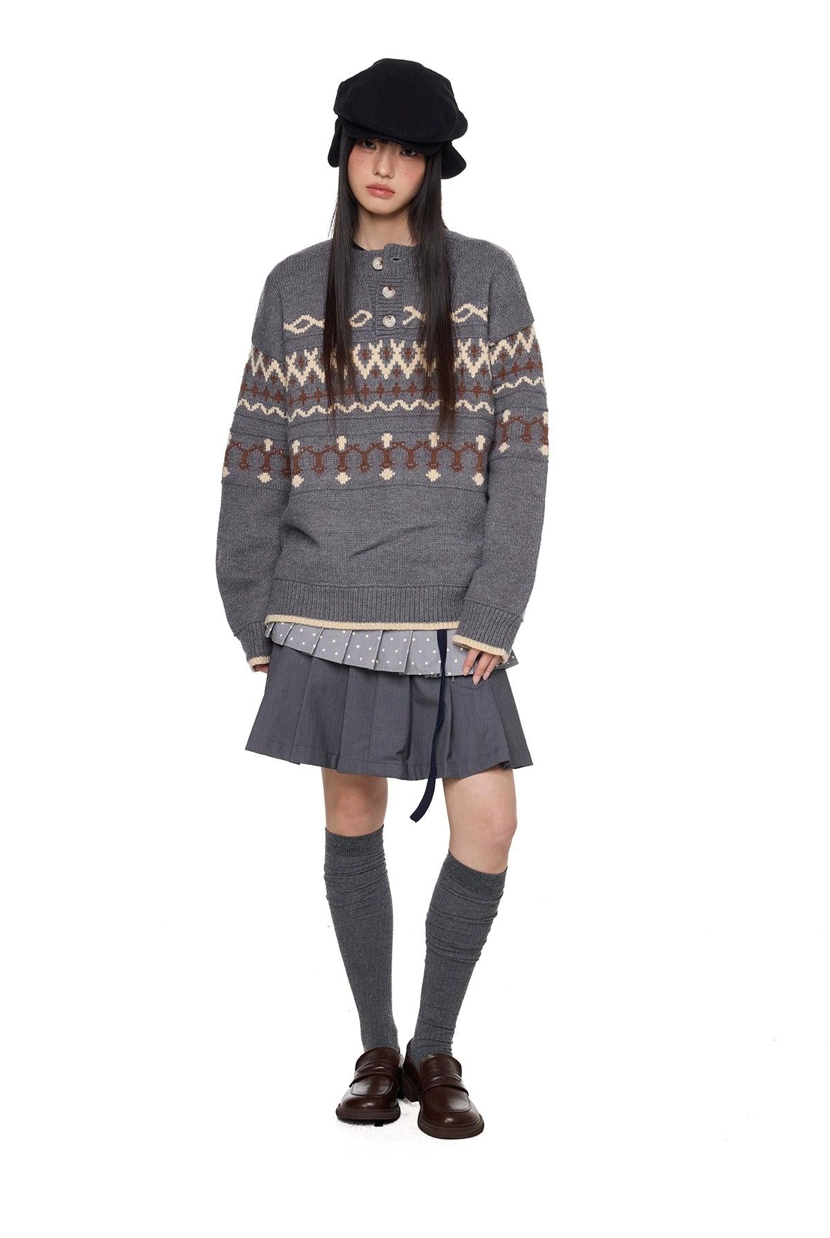 Tom Pattern Henley Collar Sweater-korean-fashion-Sweater-Tom's Closet-OH Garments