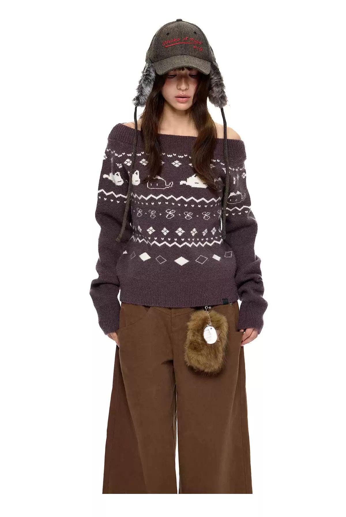 Tom Patterned Off Shoulder Sweater-korean-fashion-Sweater-Tom's Closet-OH Garments