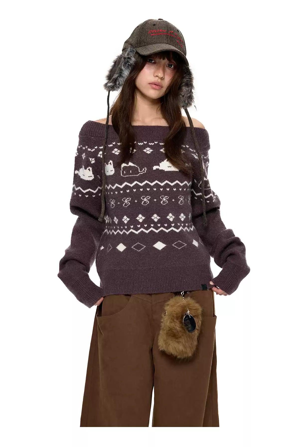 Tom Patterned Off Shoulder Sweater-korean-fashion-Sweater-Tom's Closet-OH Garments