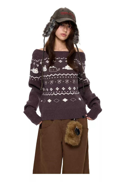 Tom Patterned Off Shoulder Sweater-korean-fashion-Sweater-Tom's Closet-OH Garments