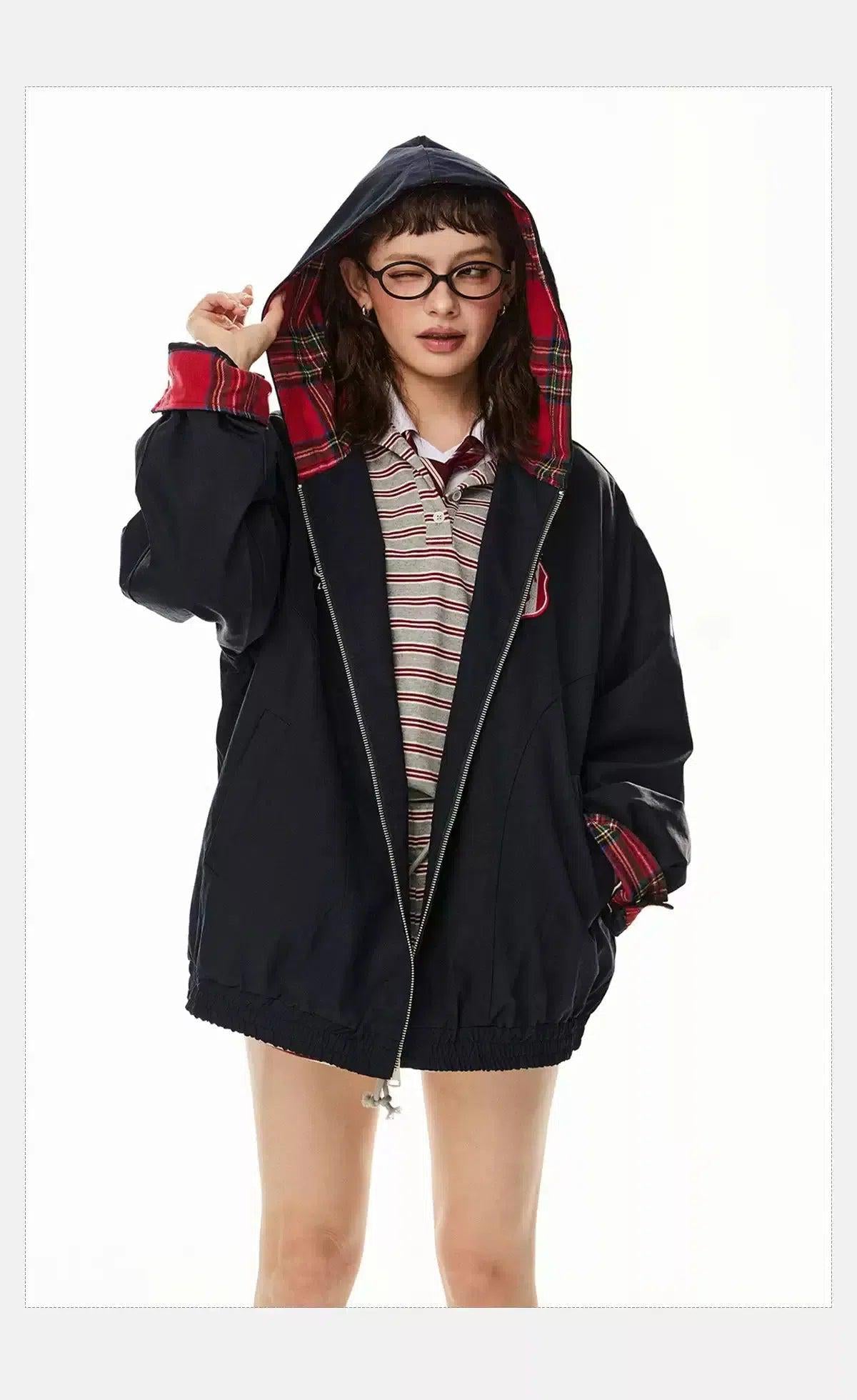 Tom Plaid Badge Embroidery Hooded Jacket-korean-fashion-Jacket-Tom's Closet-OH Garments