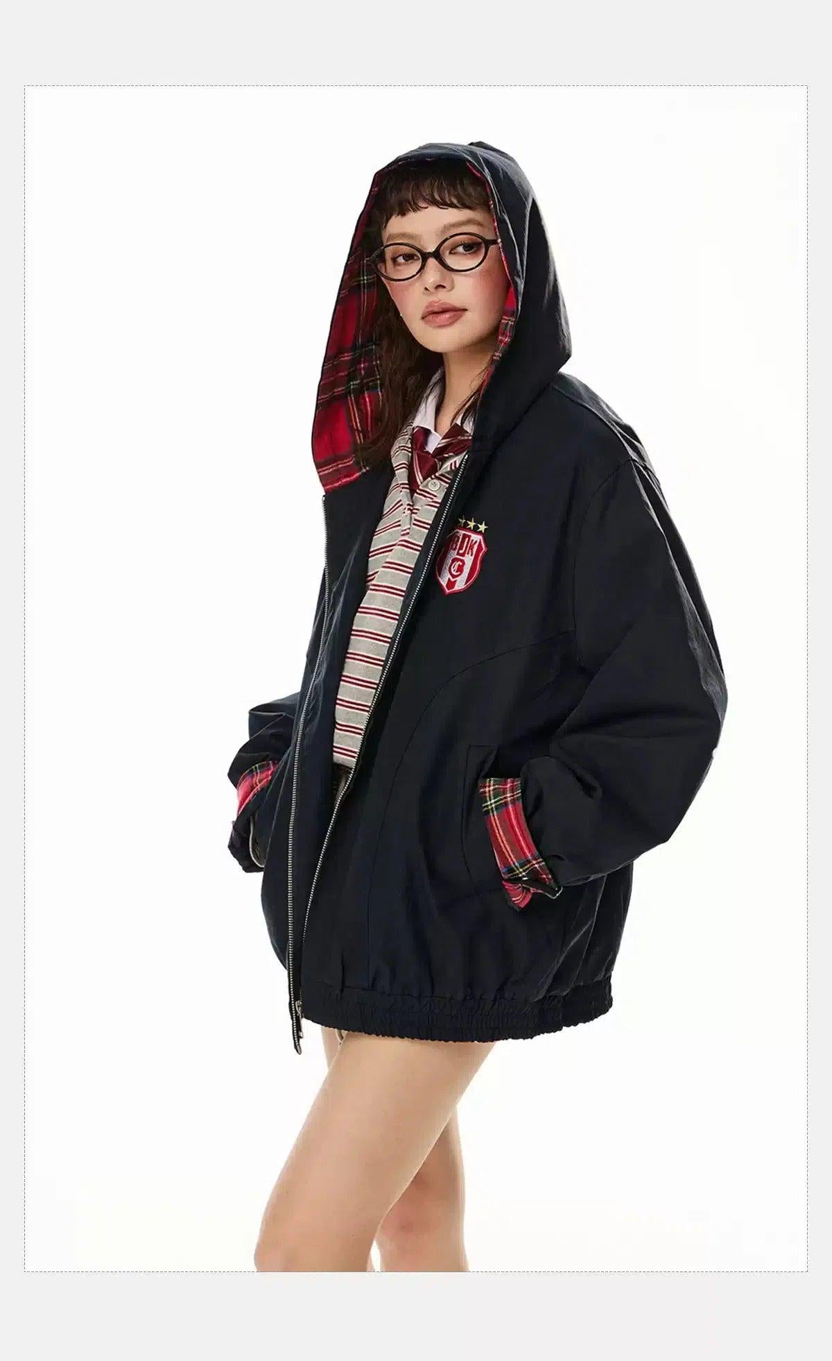 Tom Plaid Badge Embroidery Hooded Jacket-korean-fashion-Jacket-Tom's Closet-OH Garments