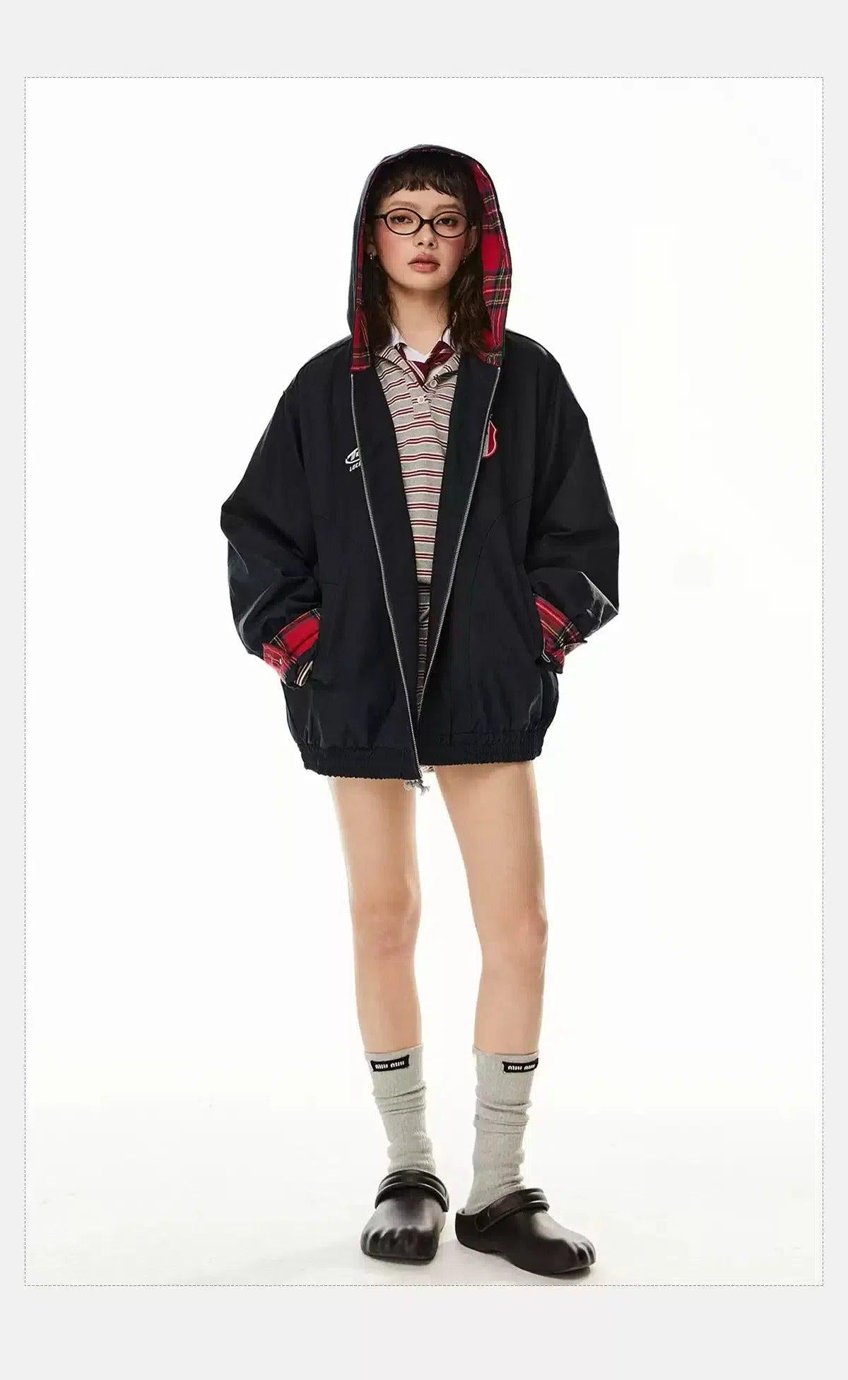 Tom Plaid Badge Embroidery Hooded Jacket-korean-fashion-Jacket-Tom's Closet-OH Garments