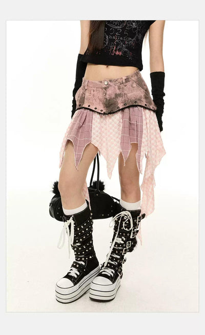 Tom Plaid & Denim Layered Skirt-korean-fashion-Skirt-Tom's Closet-OH Garments