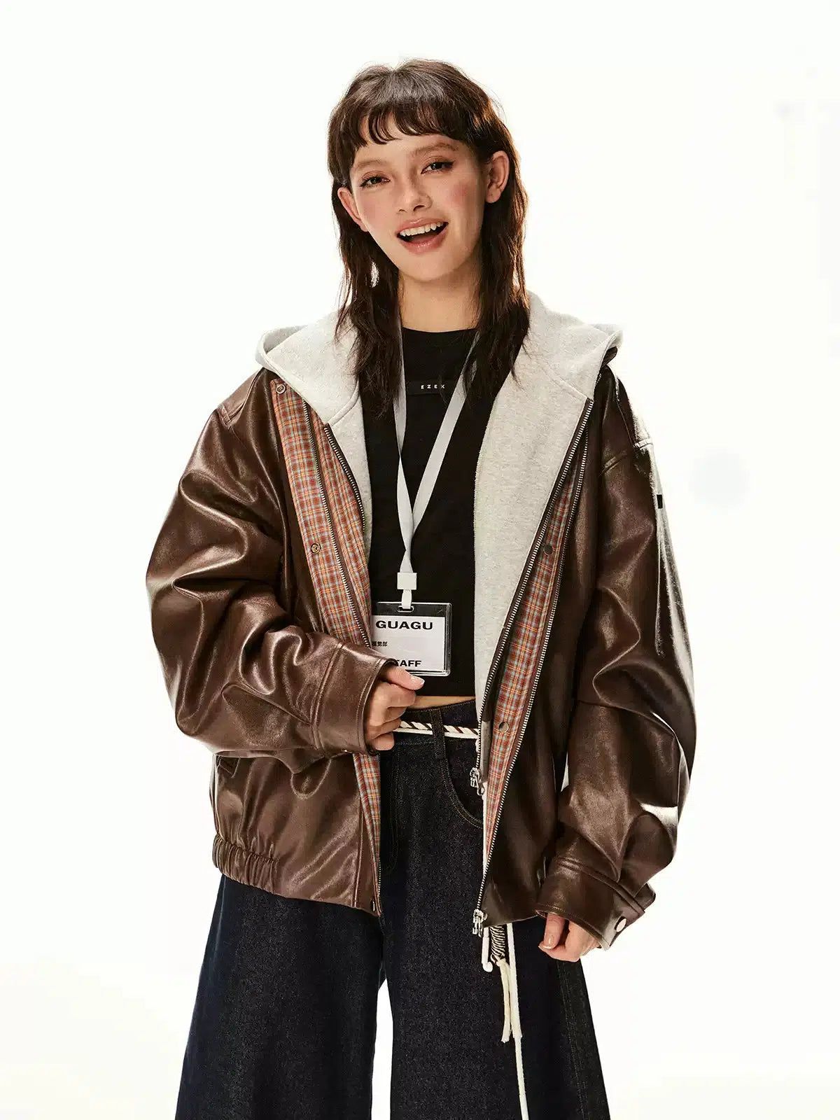 Tom Plaid Inside Shiny PU Leather Jacket-korean-fashion-Jacket-Tom's Closet-OH Garments