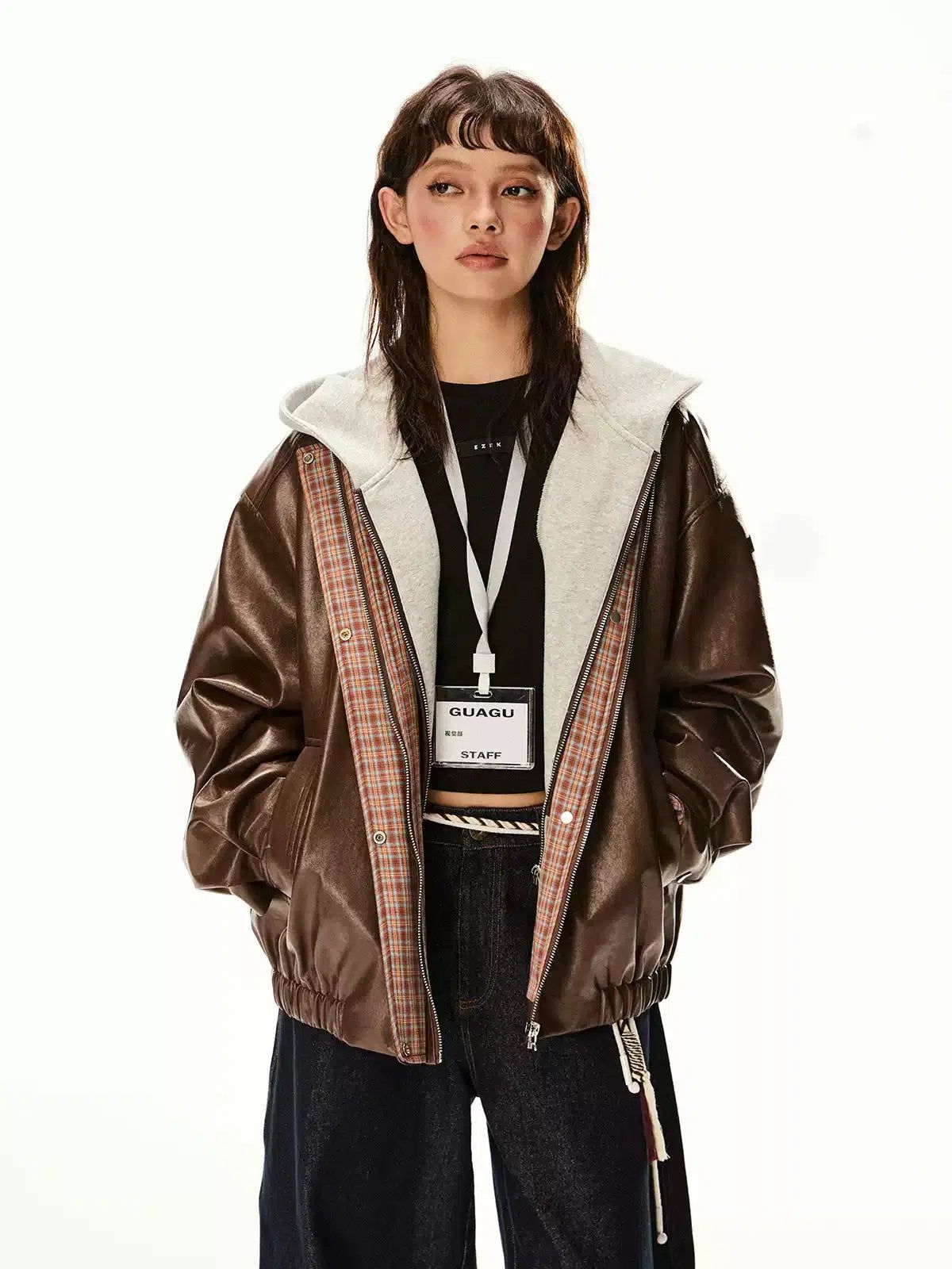 Tom Plaid Inside Shiny PU Leather Jacket-korean-fashion-Jacket-Tom's Closet-OH Garments