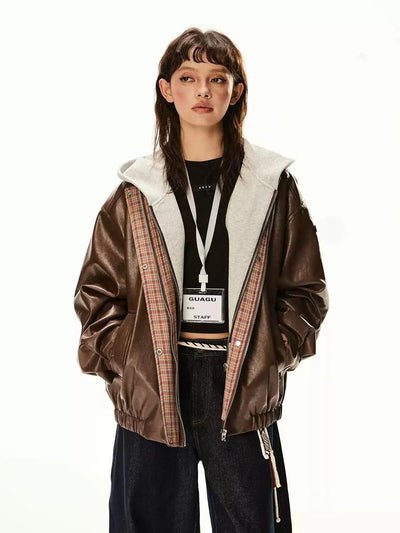 Tom Plaid Inside Shiny PU Leather Jacket-korean-fashion-Jacket-Tom's Closet-OH Garments