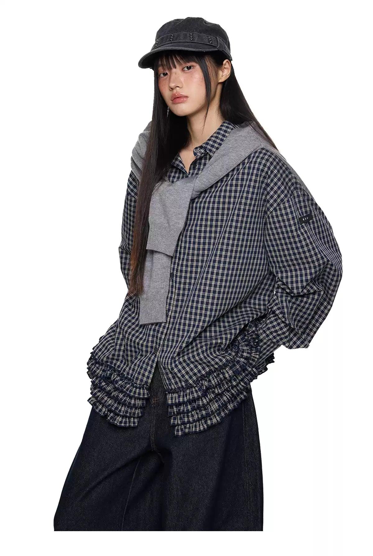 Tom Plaid Pleated Hem Shirt-korean-fashion-Shirt-Tom's Closet-OH Garments