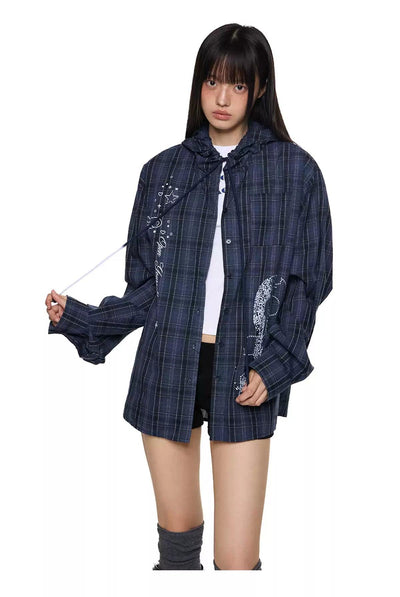 Tom Plaid Print Drawstring Hooded Shirt-korean-fashion-Shirt-Tom's Closet-OH Garments