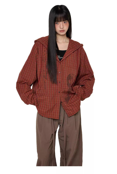 Tom Plaid Print Drawstring Hooded Shirt-korean-fashion-Shirt-Tom's Closet-OH Garments