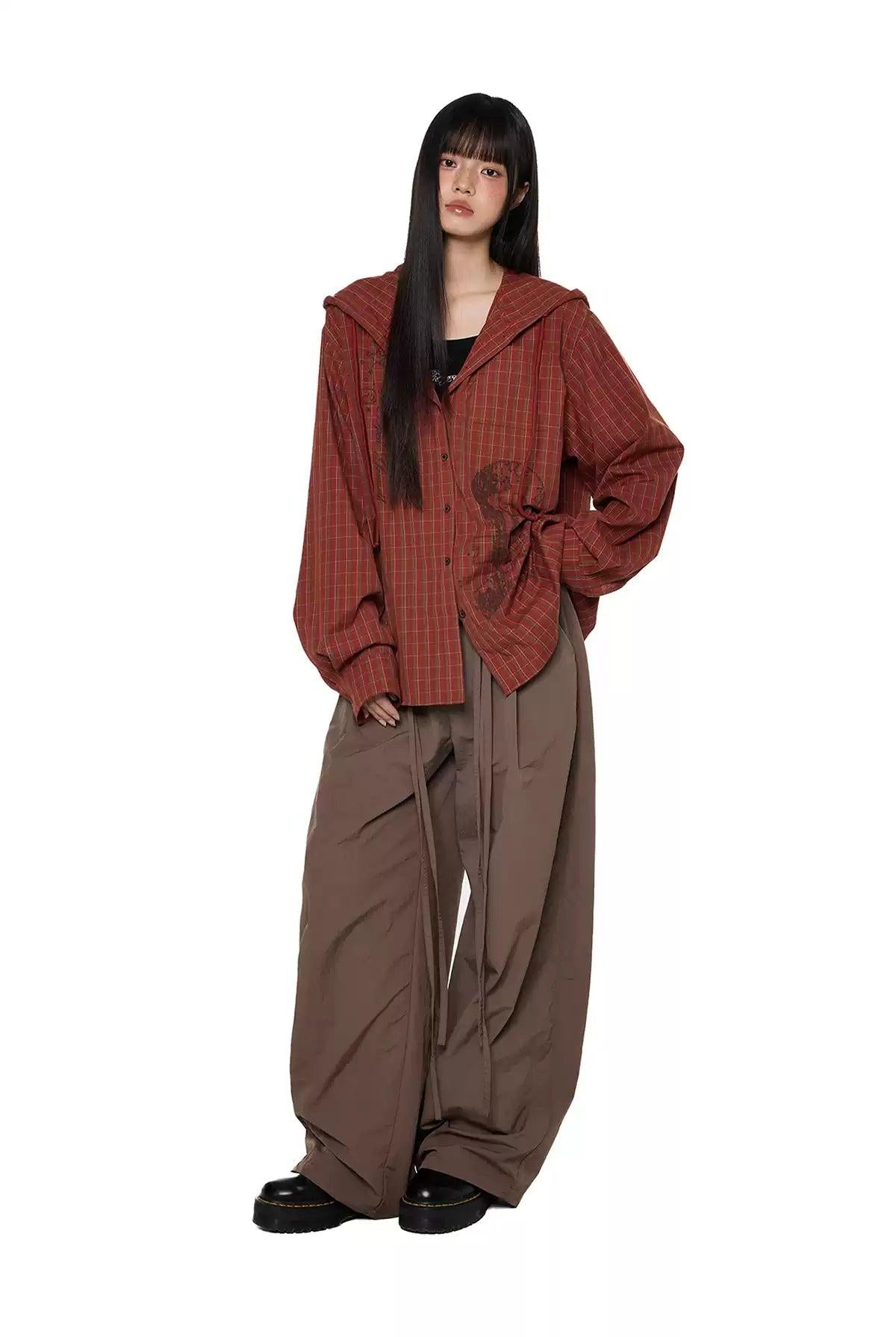 Tom Plaid Print Drawstring Hooded Shirt-korean-fashion-Shirt-Tom's Closet-OH Garments