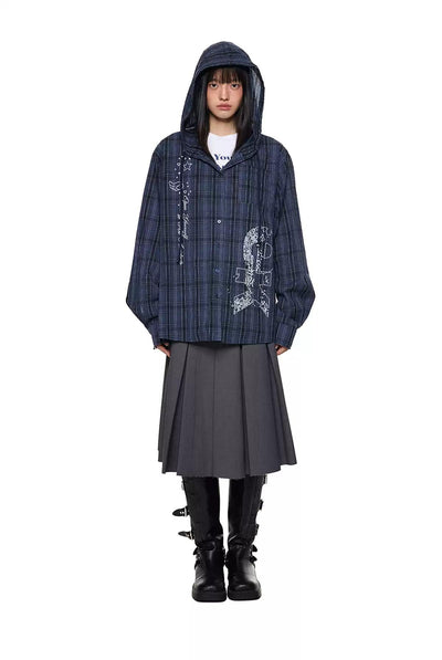 Tom Plaid Print Drawstring Hooded Shirt-korean-fashion-Shirt-Tom's Closet-OH Garments