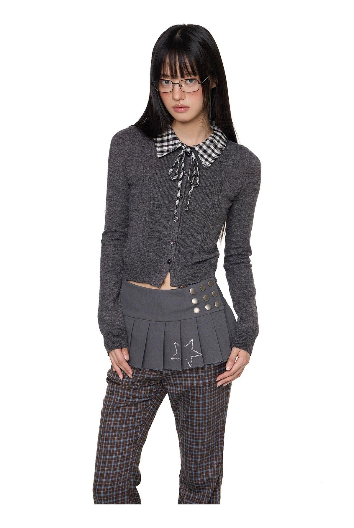 Tom Plaid Ribbon Collar Slim Fit Sweater-korean-fashion-Sweater-Tom's Closet-OH Garments