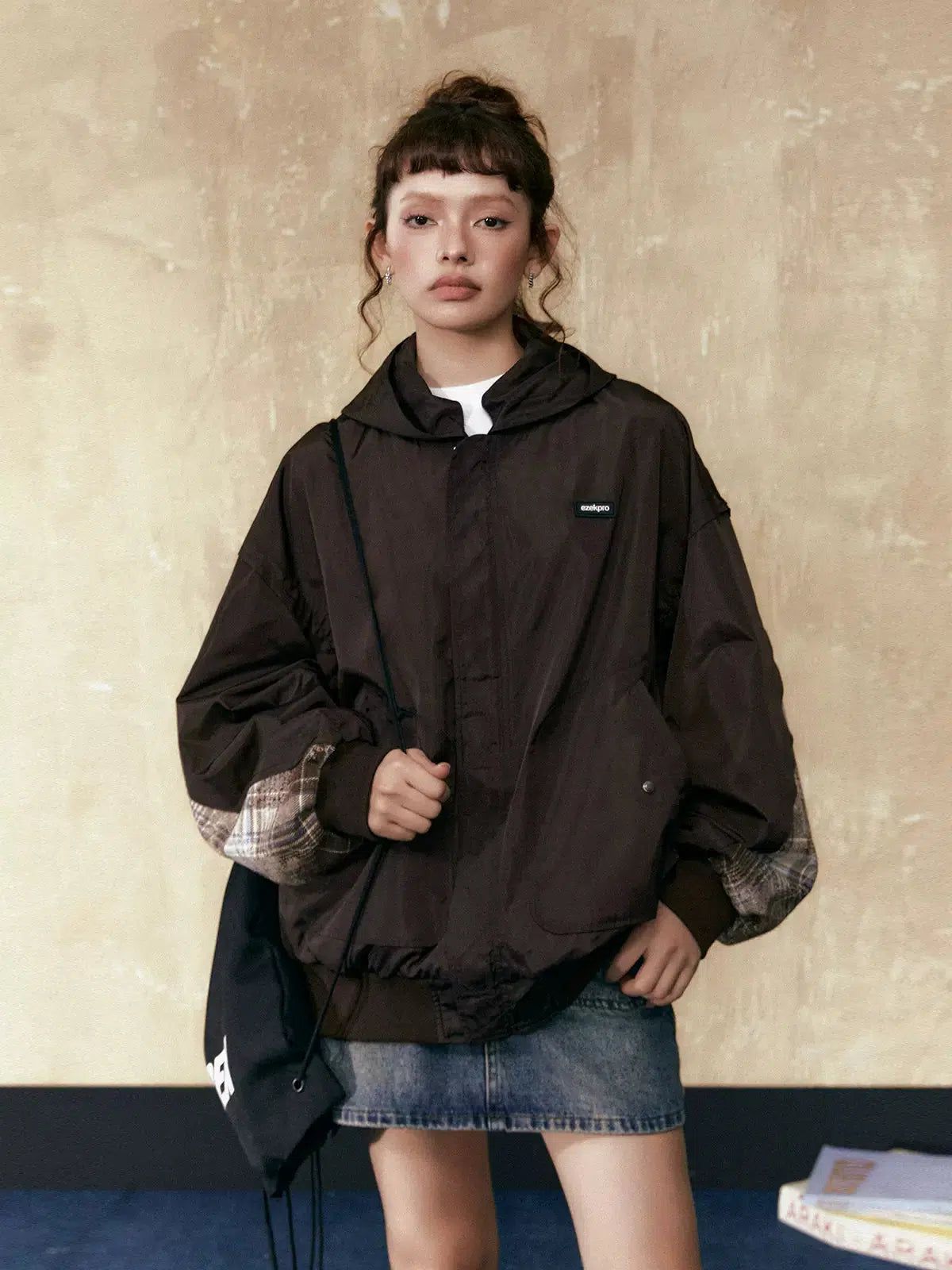 Tom Plaid Sleeves Hooded Bomber Jacket-korean-fashion-Jacket-Tom's Closet-OH Garments