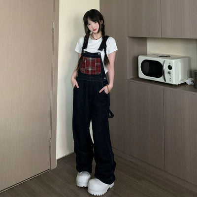 Tom Plaid Splice Denim Overall-korean-fashion-Clothing Set-Tom's Closet-OH Garments