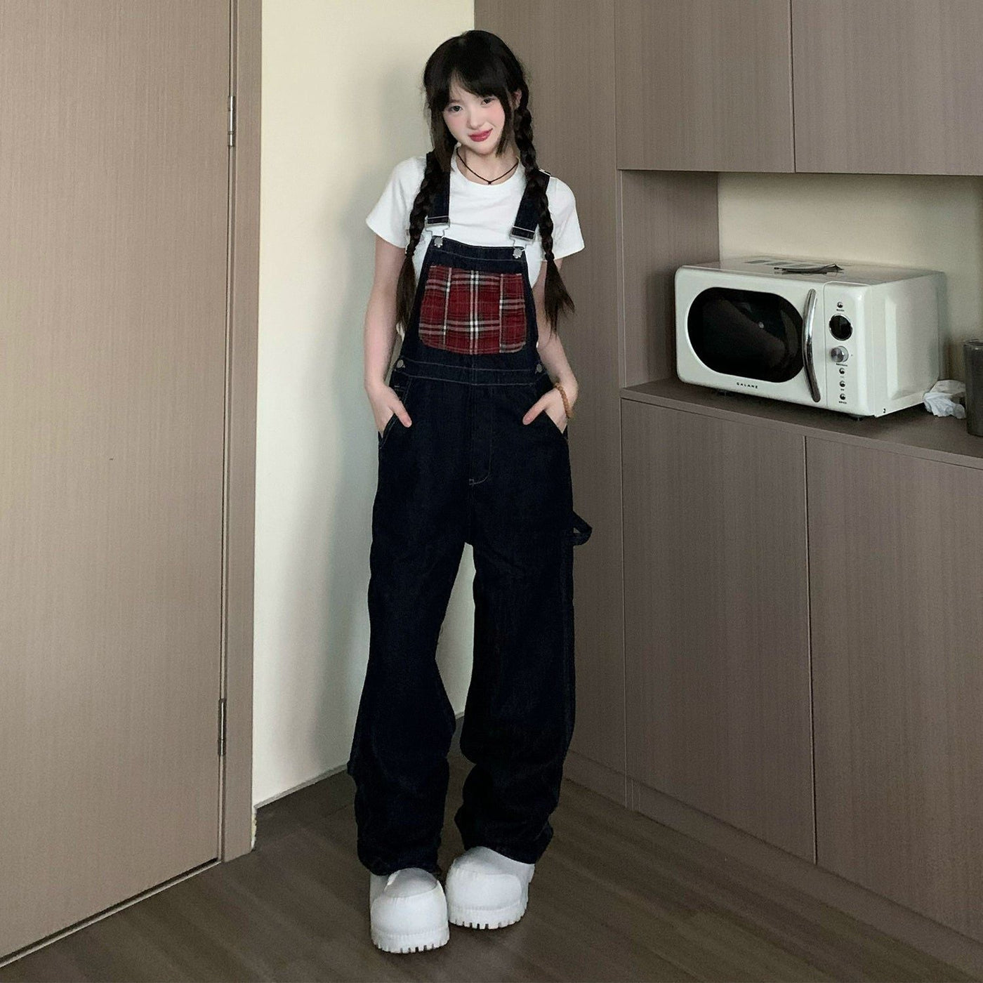 Tom Plaid Splice Denim Overall-korean-fashion-Clothing Set-Tom's Closet-OH Garments