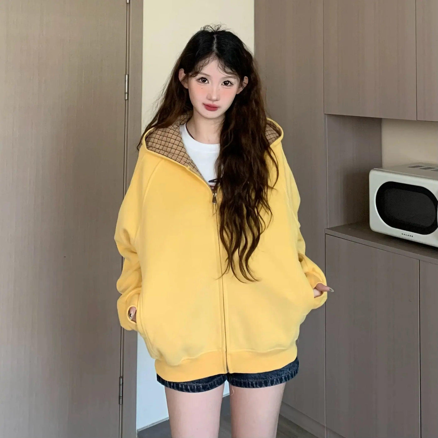Tom Plaid Spliced Hood Zip-Up Hoodie-korean-fashion-Hoodie-Tom's Closet-OH Garments