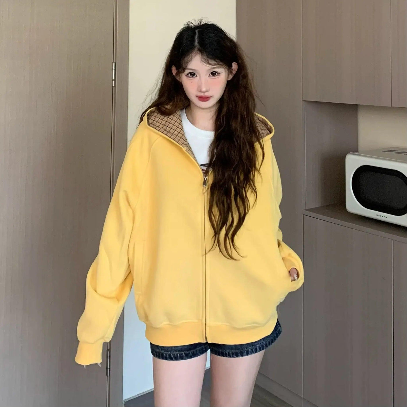 Tom Plaid Spliced Hood Zip-Up Hoodie-korean-fashion-Hoodie-Tom's Closet-OH Garments