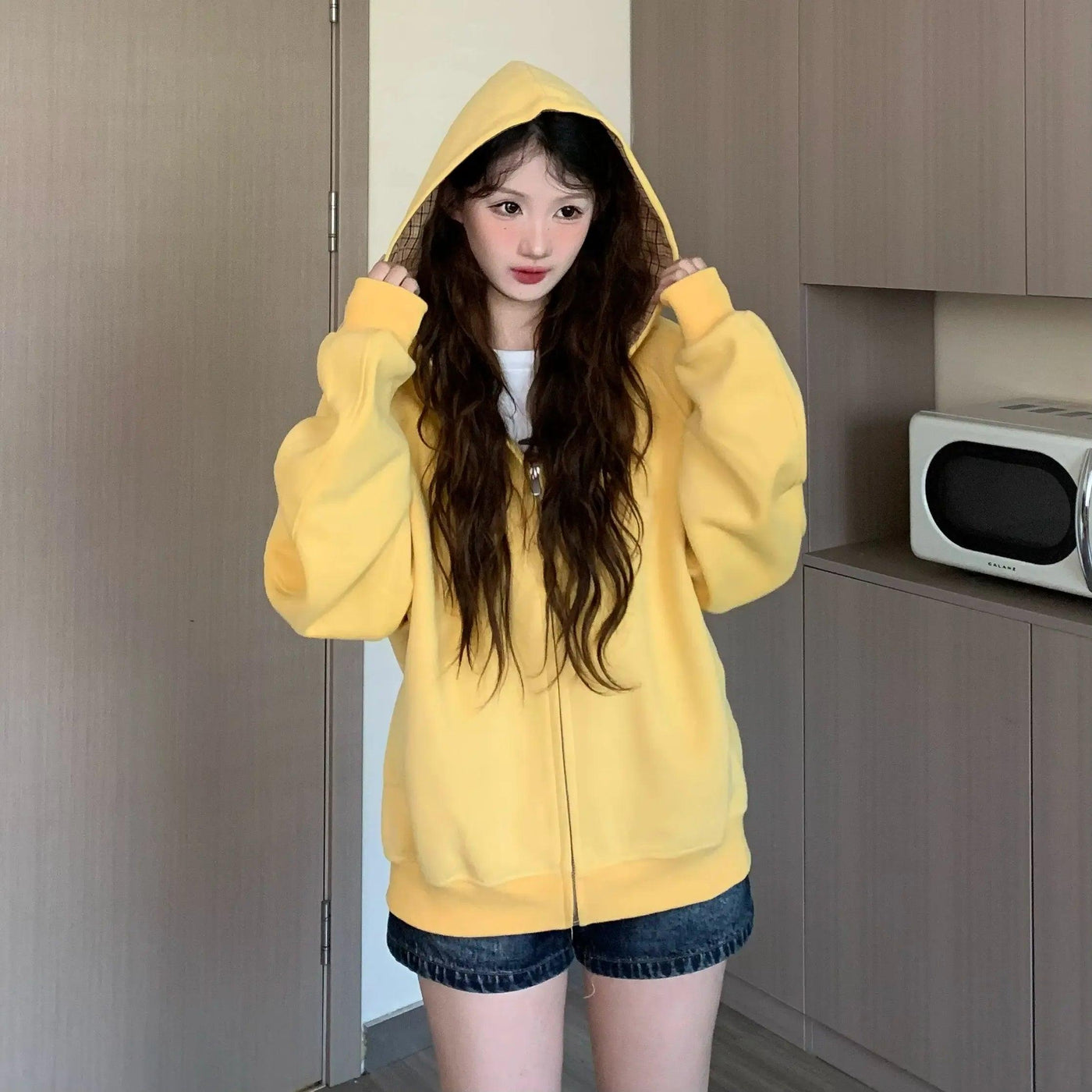 Tom Plaid Spliced Hood Zip-Up Hoodie-korean-fashion-Hoodie-Tom's Closet-OH Garments
