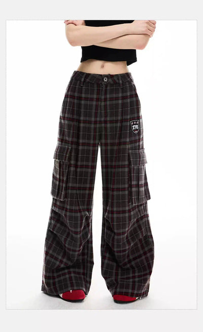 Tom Plaid Wide Leg Cargo Pants-korean-fashion-Pants-Tom's Closet-OH Garments