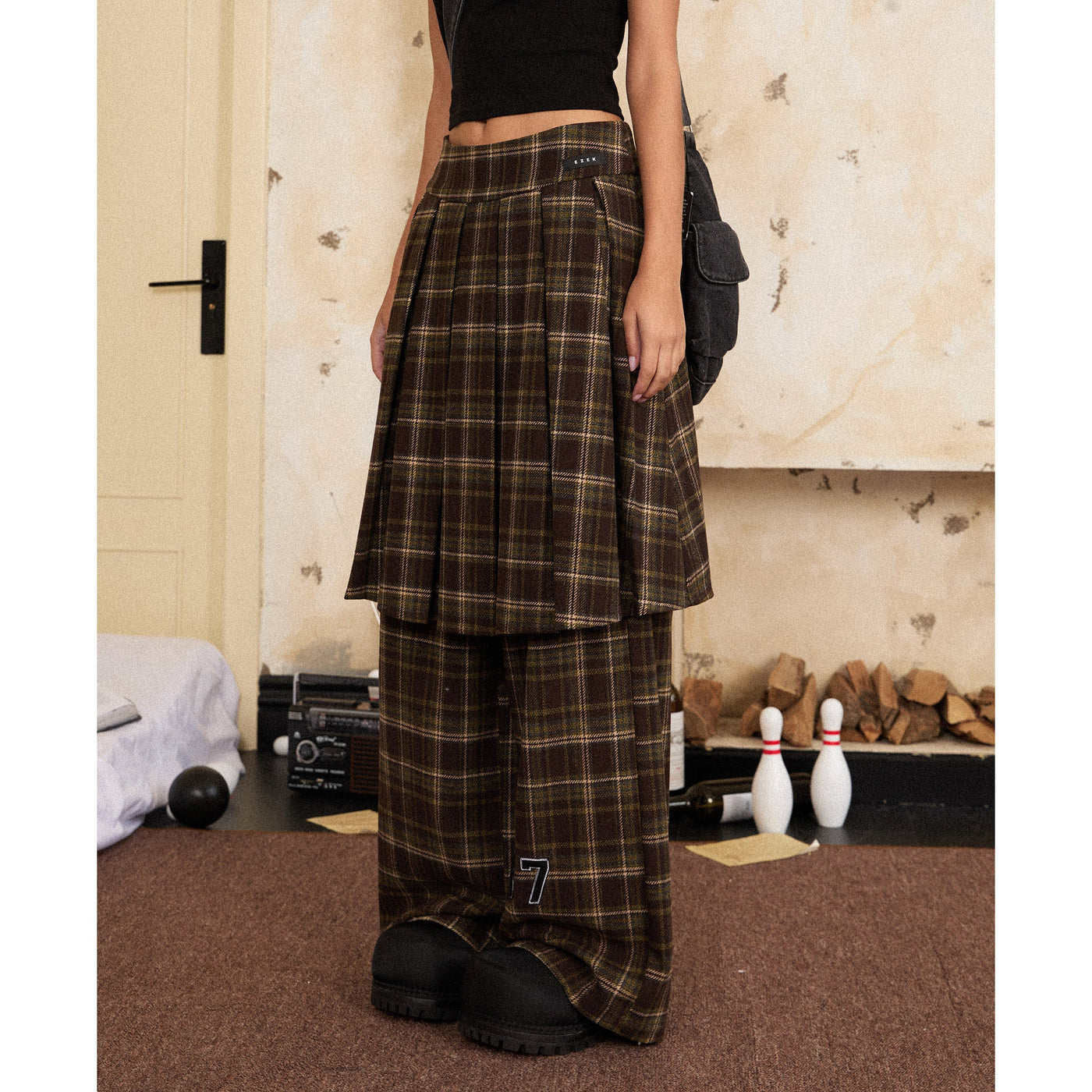 Tom Pleated Checked Skirt & Casual Pants Set-korean-fashion-Clothing Set-Tom's Closet-OH Garments