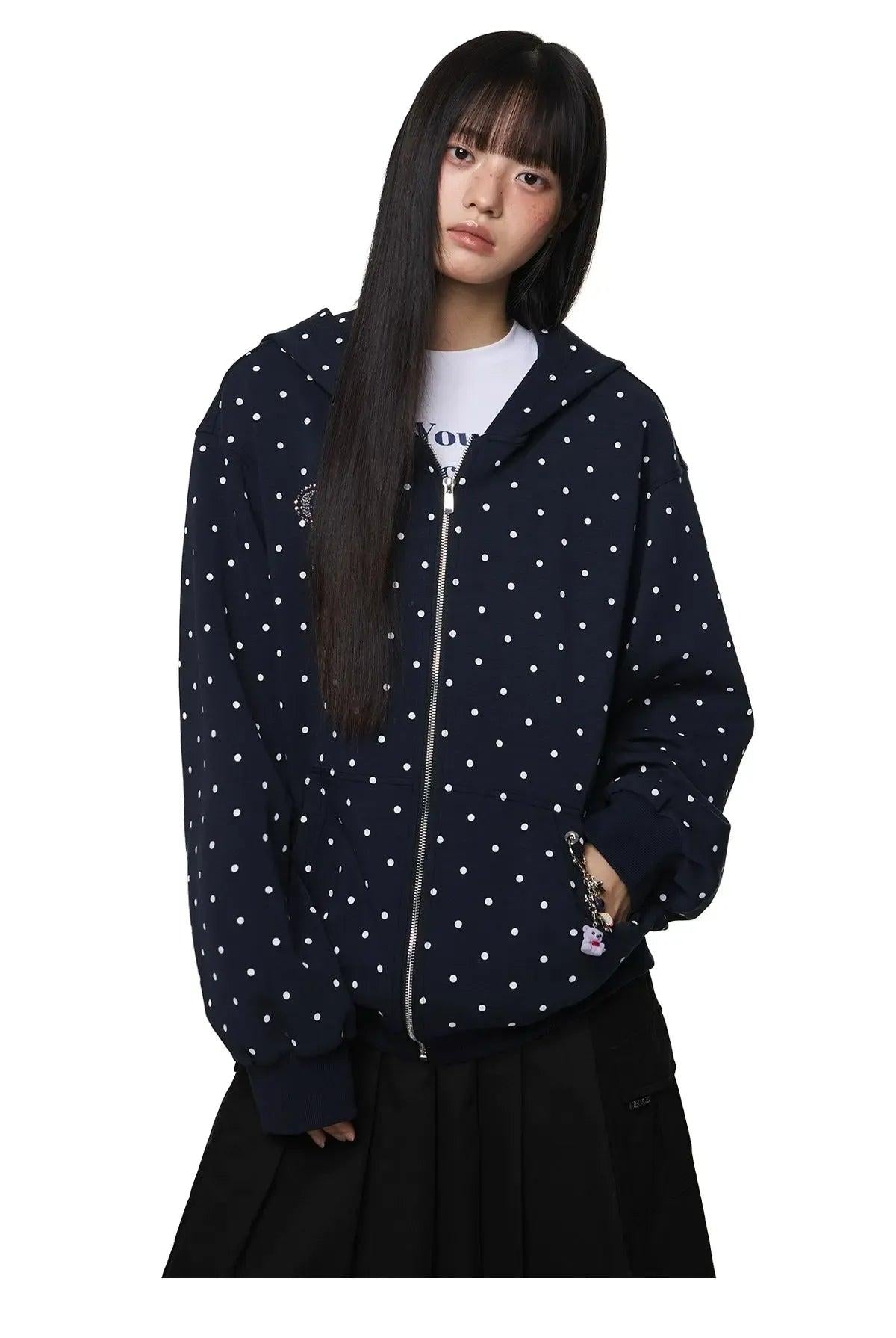 Tom Polka Dot Embroidery Detail Zip-Up Hoodie-korean-fashion-Hoodie-Tom's Closet-OH Garments
