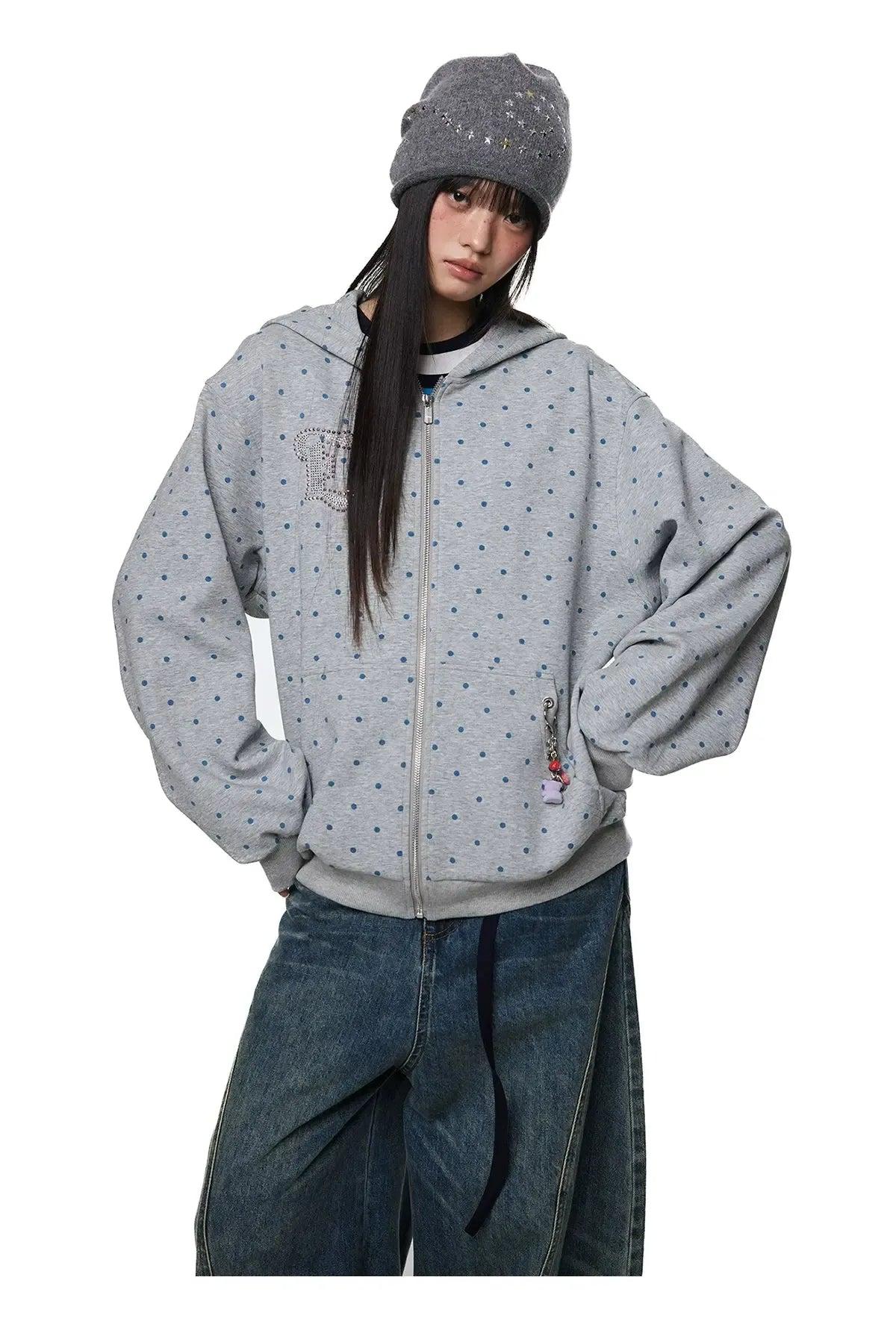 Tom Polka Dot Embroidery Detail Zip-Up Hoodie-korean-fashion-Hoodie-Tom's Closet-OH Garments