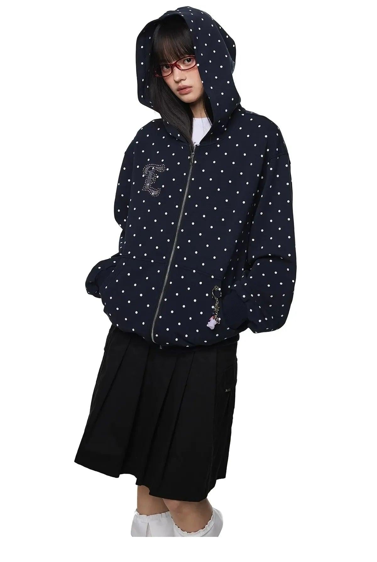 Tom Polka Dot Embroidery Detail Zip-Up Hoodie-korean-fashion-Hoodie-Tom's Closet-OH Garments
