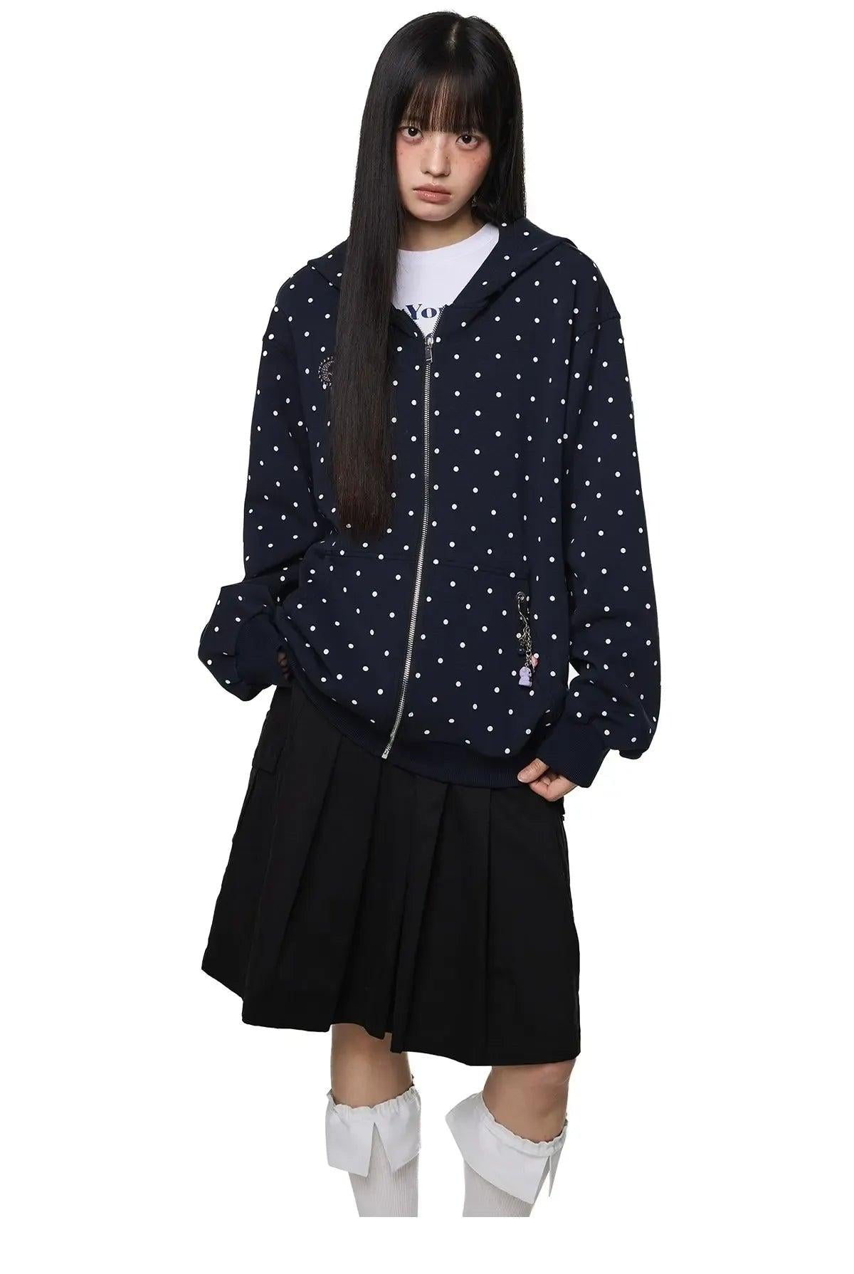 Tom Polka Dot Embroidery Detail Zip-Up Hoodie-korean-fashion-Hoodie-Tom's Closet-OH Garments