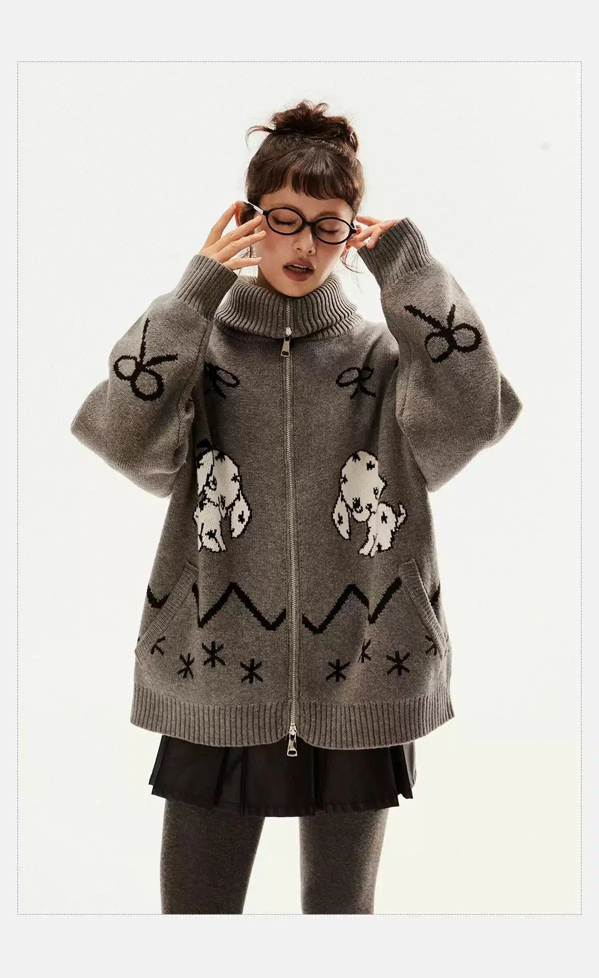 Tom Puppy & Bow Graphic Zipped Sweater-korean-fashion-Sweater-Tom's Closet-OH Garments