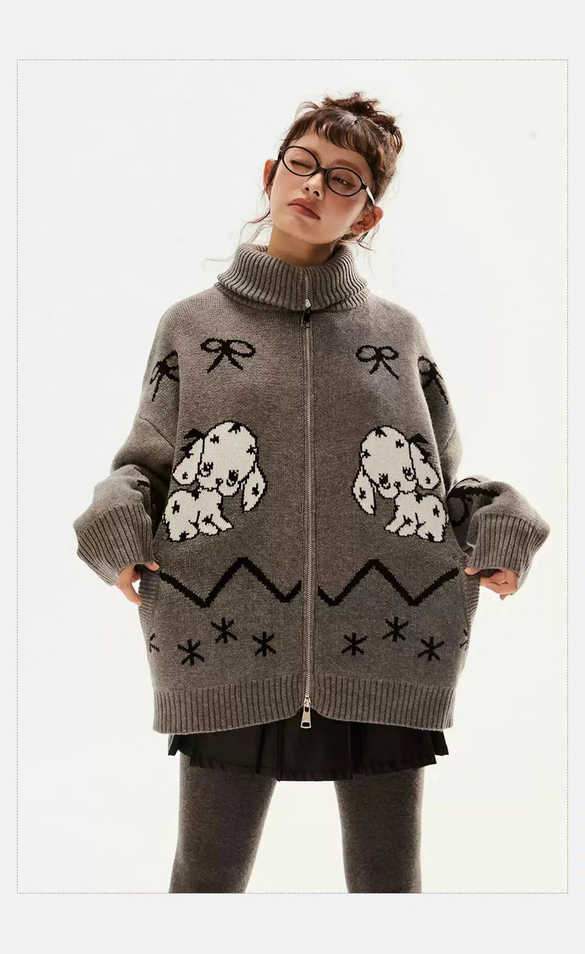 Tom Puppy & Bow Graphic Zipped Sweater-korean-fashion-Sweater-Tom's Closet-OH Garments