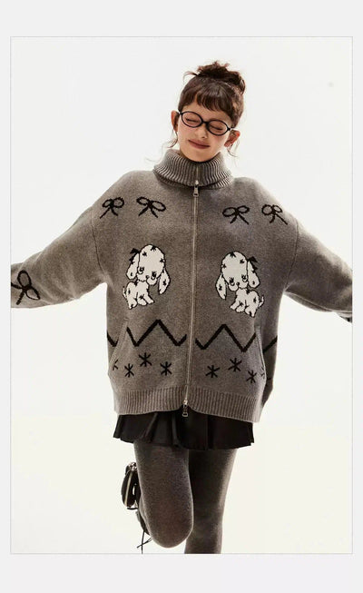 Tom Puppy & Bow Graphic Zipped Sweater-korean-fashion-Sweater-Tom's Closet-OH Garments