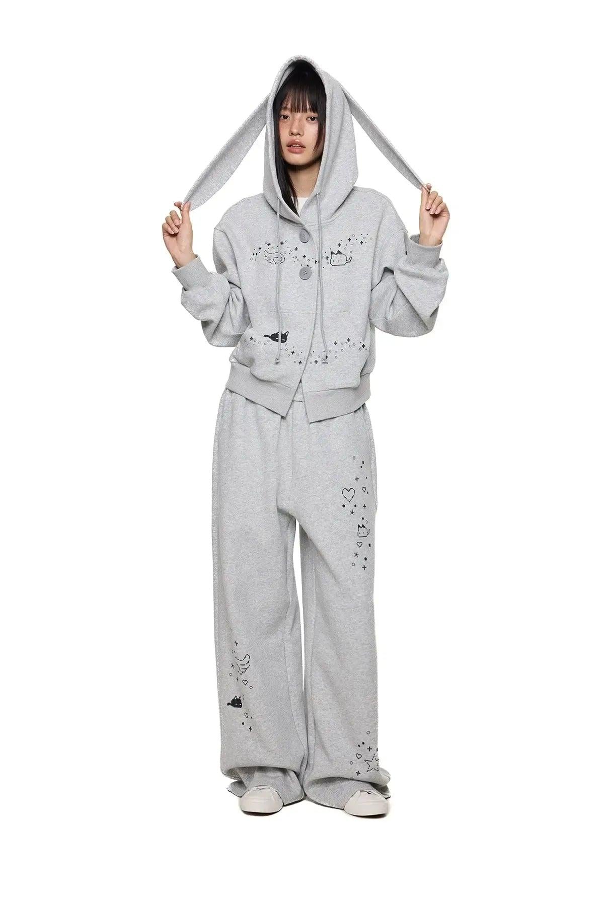 Tom Rabbit Ear Cartoon Print Buttoned Hoodie & Sweatpants Set-korean-fashion-Clothing Set-Tom's Closet-OH Garments
