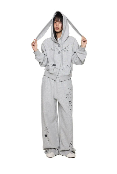Tom Rabbit Ear Cartoon Print Buttoned Hoodie & Sweatpants Set-korean-fashion-Clothing Set-Tom's Closet-OH Garments