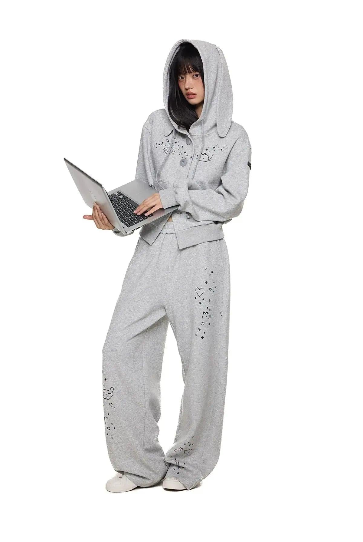 Tom Rabbit Ear Cartoon Print Buttoned Hoodie & Sweatpants Set-korean-fashion-Clothing Set-Tom's Closet-OH Garments
