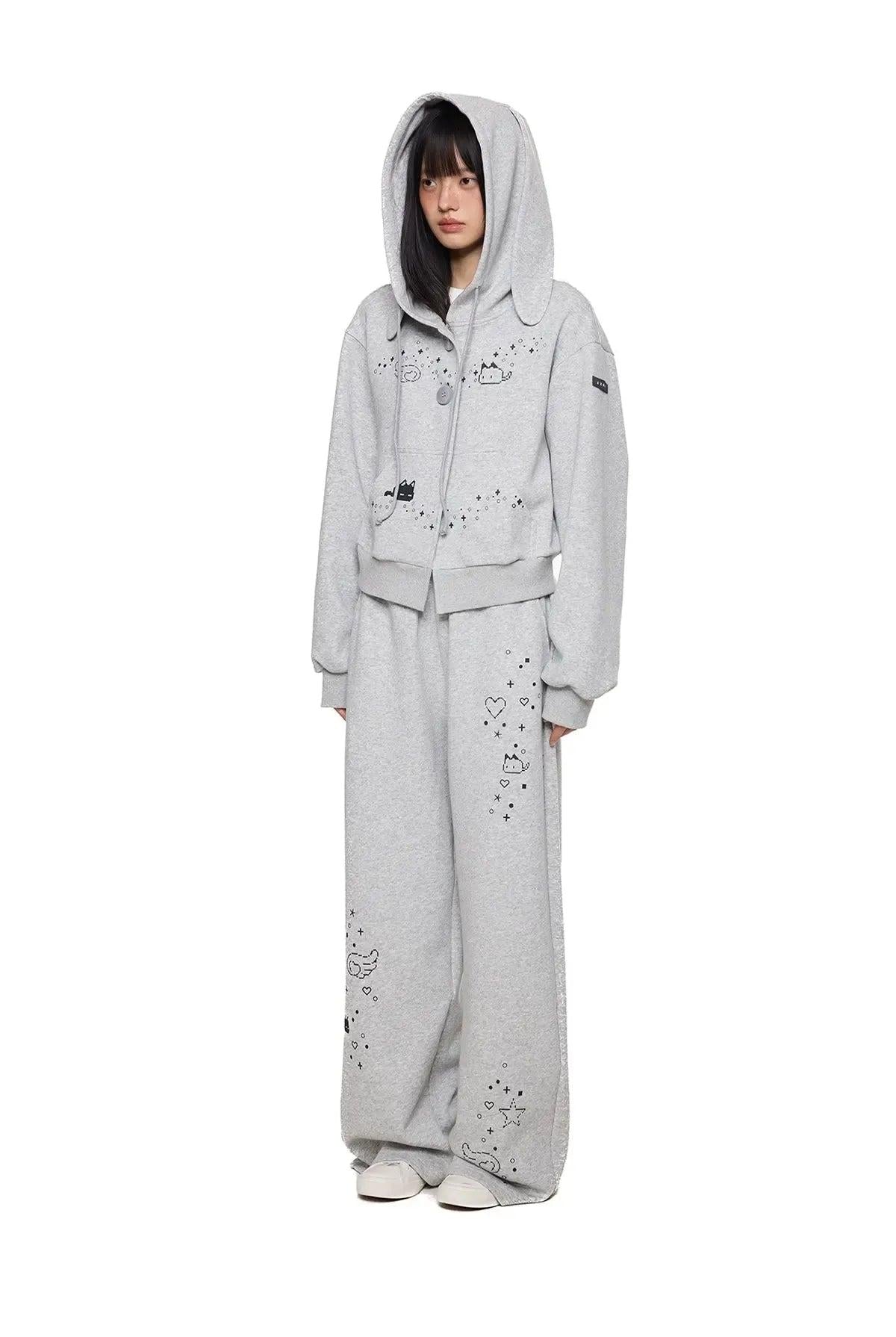 Tom Rabbit Ear Cartoon Print Buttoned Hoodie & Sweatpants Set-korean-fashion-Clothing Set-Tom's Closet-OH Garments