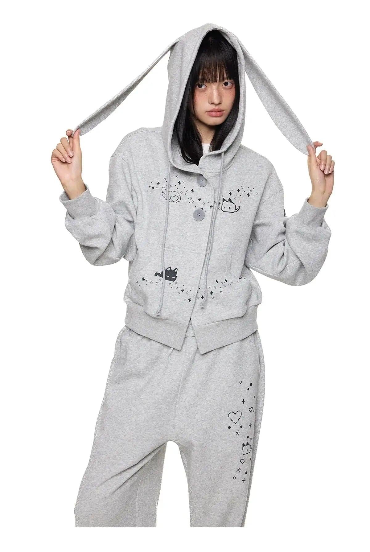 Tom Rabbit Ear Cartoon Print Buttoned Hoodie & Sweatpants Set-korean-fashion-Clothing Set-Tom's Closet-OH Garments