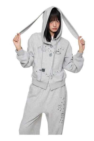 Tom Rabbit Ear Cartoon Print Buttoned Hoodie & Sweatpants Set-korean-fashion-Clothing Set-Tom's Closet-OH Garments