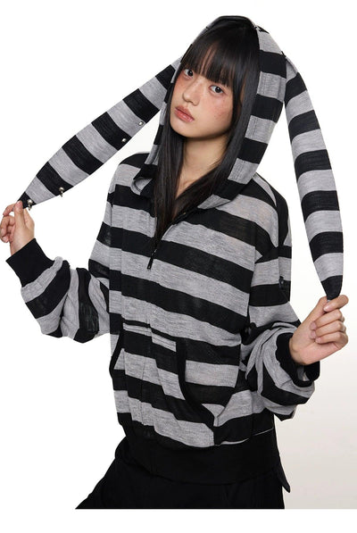 Tom Rabbit Ear Striped Zip-Up Hoodie-korean-fashion-Hoodie-Tom's Closet-OH Garments
