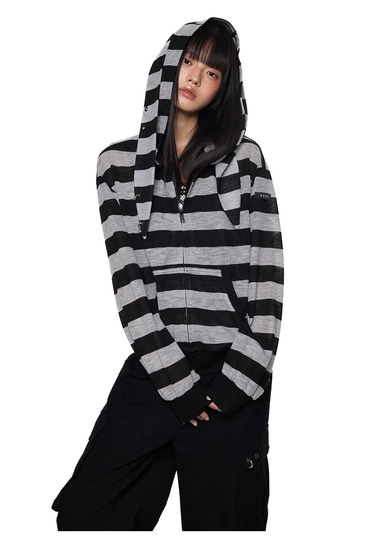 Tom Rabbit Ear Striped Zip-Up Hoodie-korean-fashion-Hoodie-Tom's Closet-OH Garments
