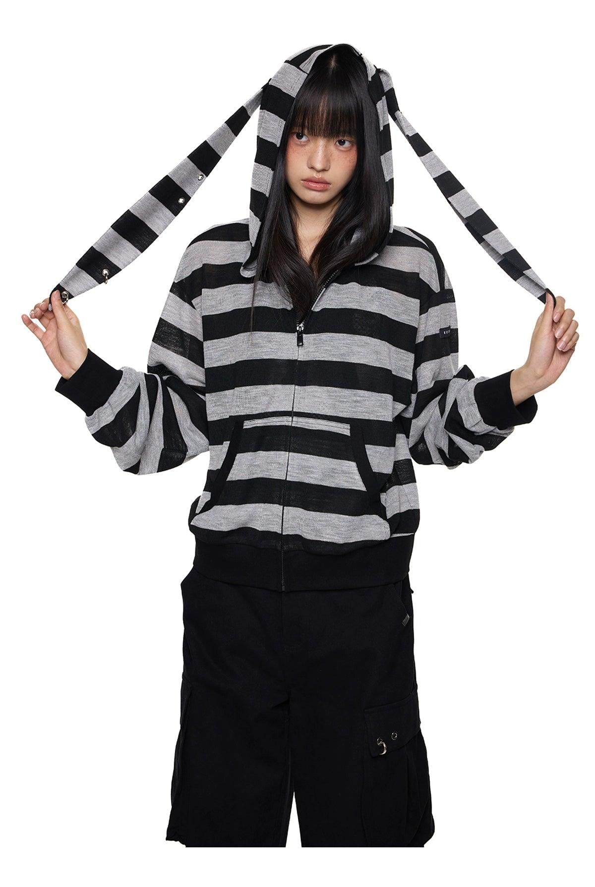 Tom Rabbit Ear Striped Zip-Up Hoodie-korean-fashion-Hoodie-Tom's Closet-OH Garments