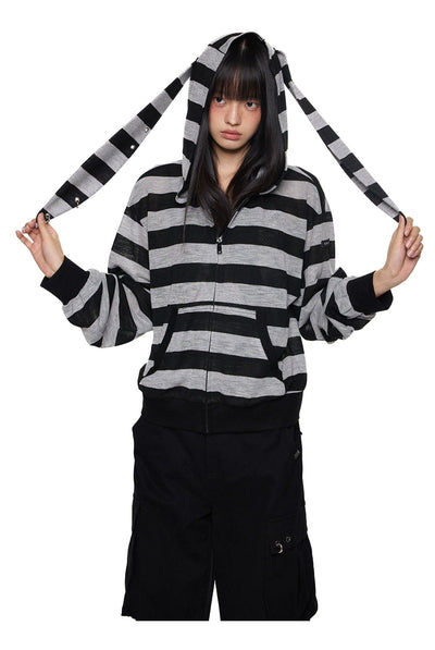 Tom Rabbit Ear Striped Zip-Up Hoodie-korean-fashion-Hoodie-Tom's Closet-OH Garments