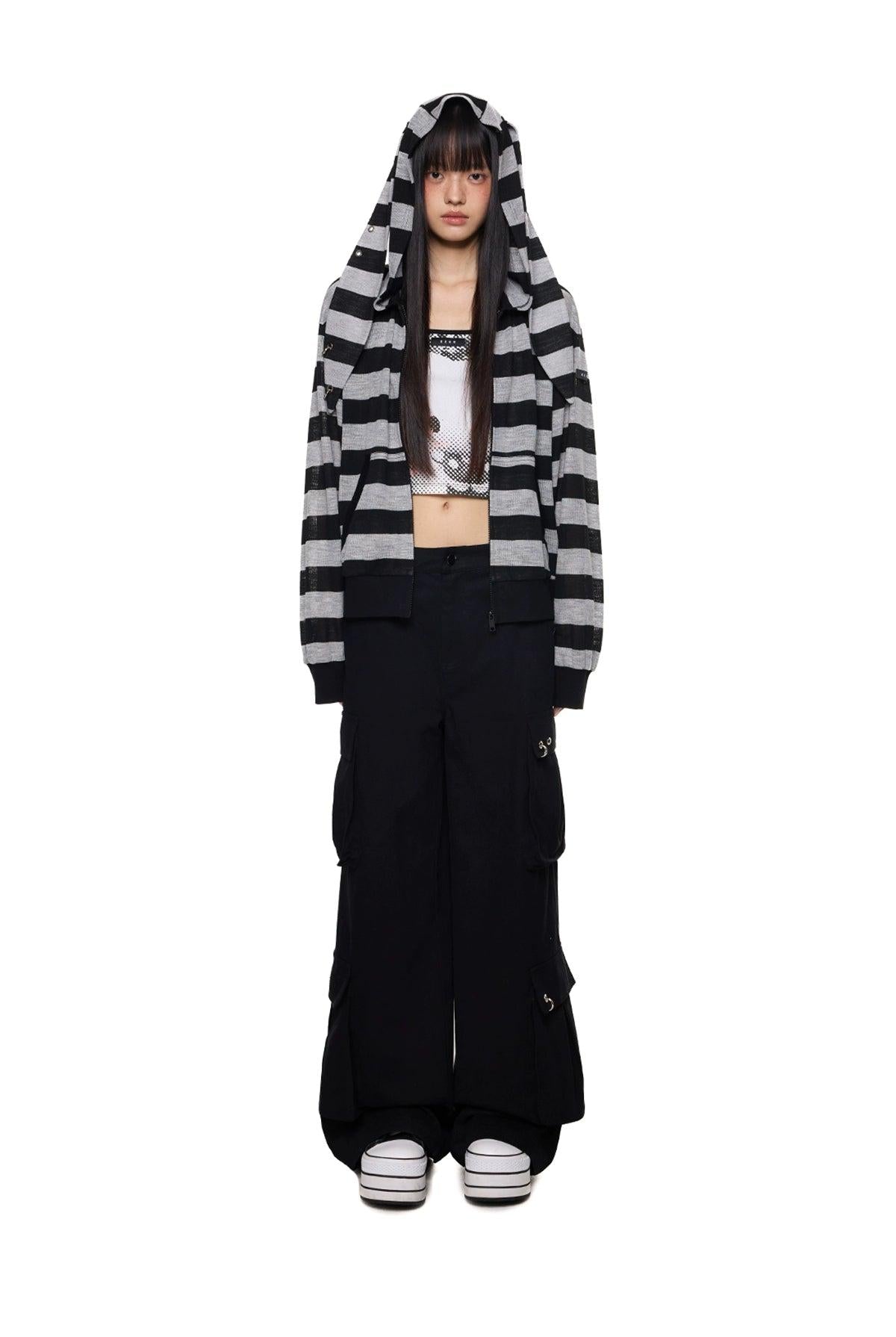 Tom Rabbit Ear Striped Zip-Up Hoodie-korean-fashion-Hoodie-Tom's Closet-OH Garments