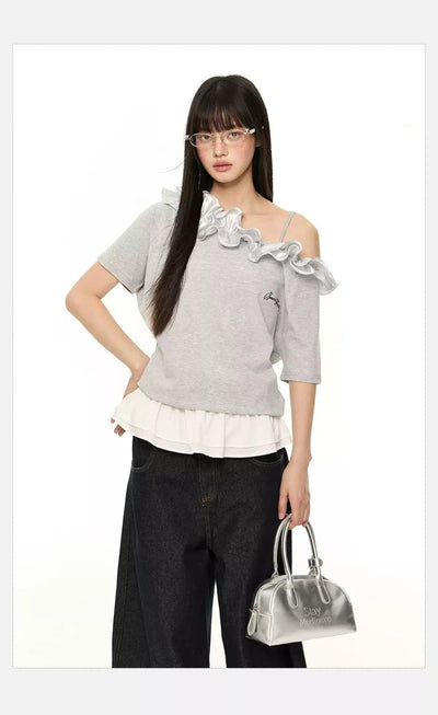 Tom Ruffled Slant Shoulder T-Shirt-korean-fashion-T-Shirt-Tom's Closet-OH Garments