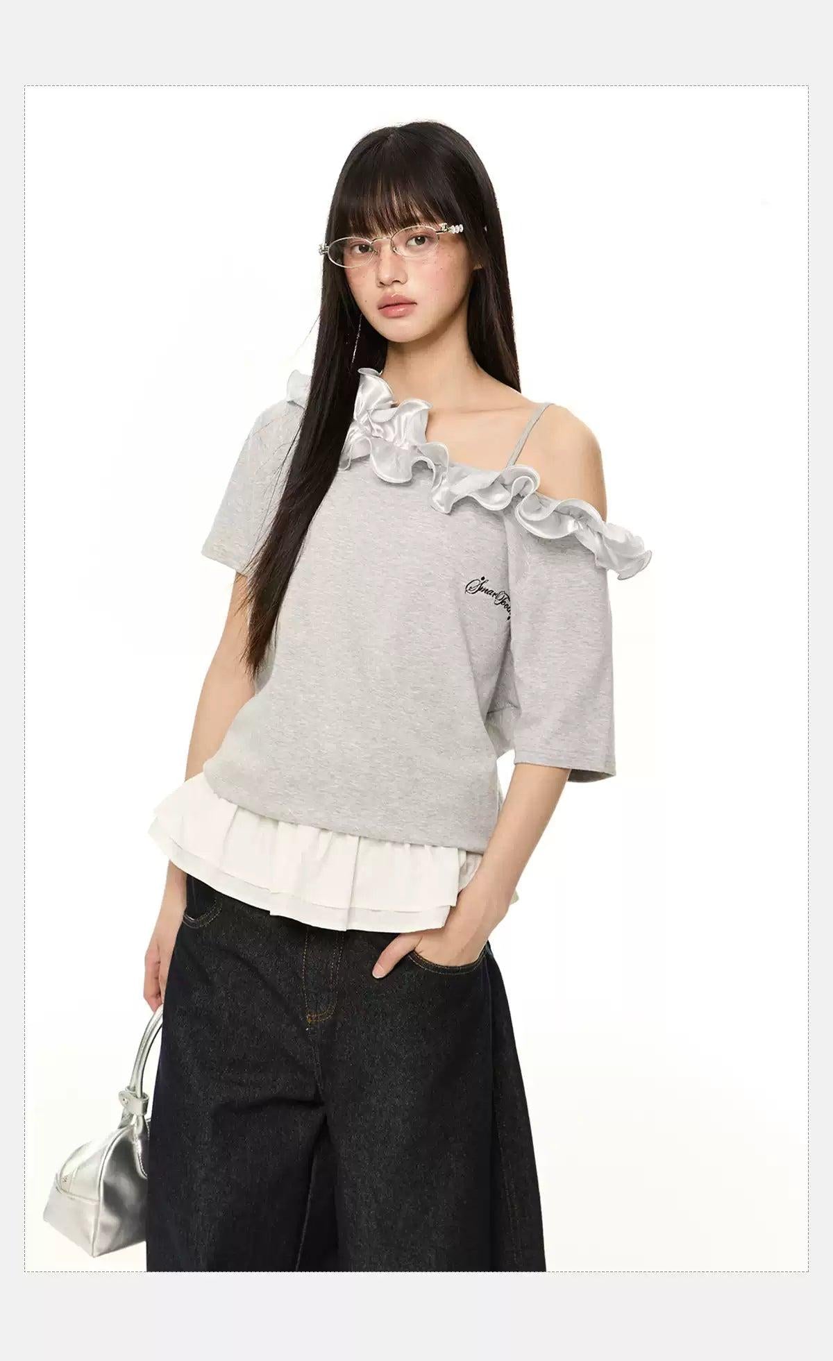 Tom Ruffled Slant Shoulder T-Shirt-korean-fashion-T-Shirt-Tom's Closet-OH Garments