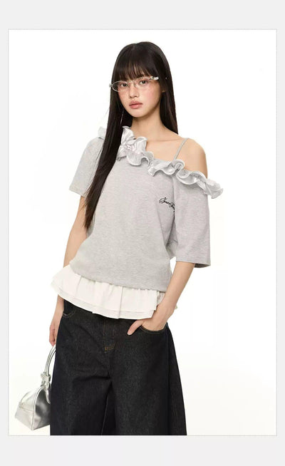 Tom Ruffled Slant Shoulder T-Shirt-korean-fashion-T-Shirt-Tom's Closet-OH Garments